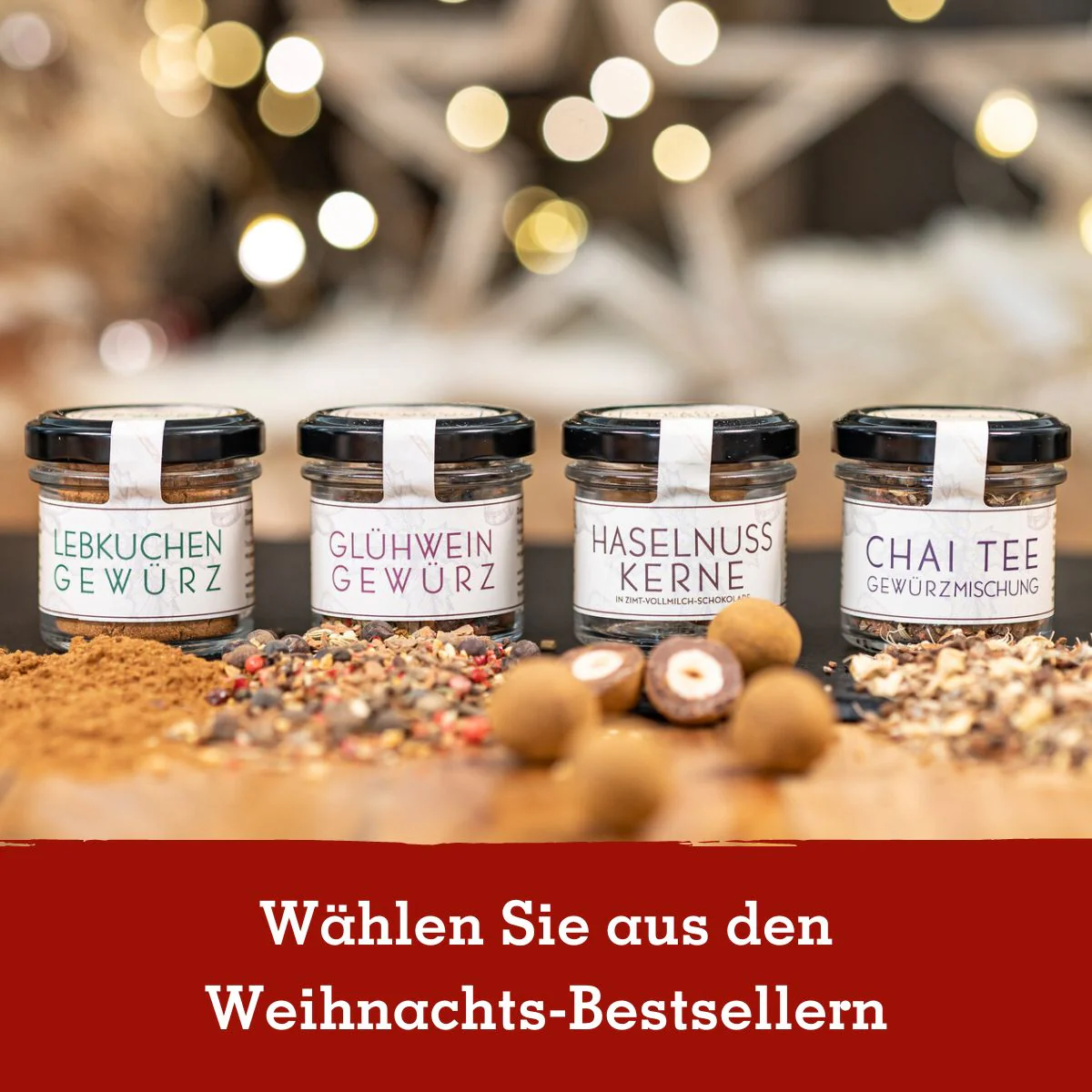 Gebrannte Mandeln, Lebkuchen- und Glühweingewürz im Geschenkkarton